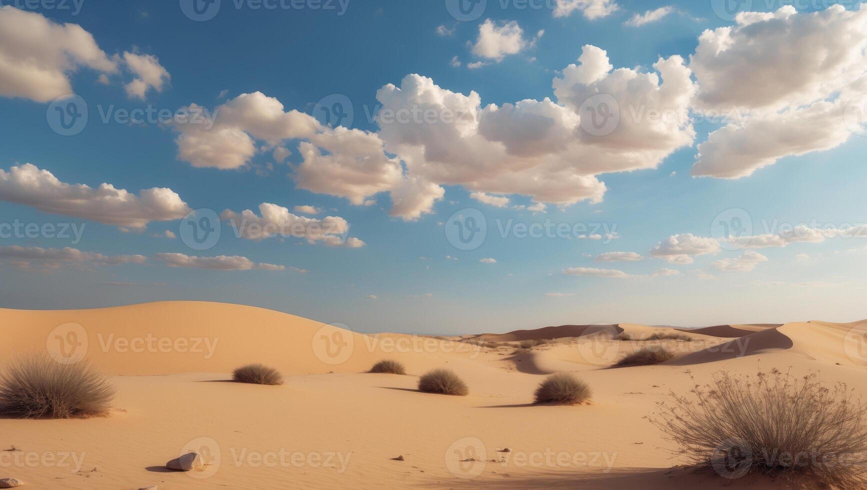 A desert with some bushes and clouds photo