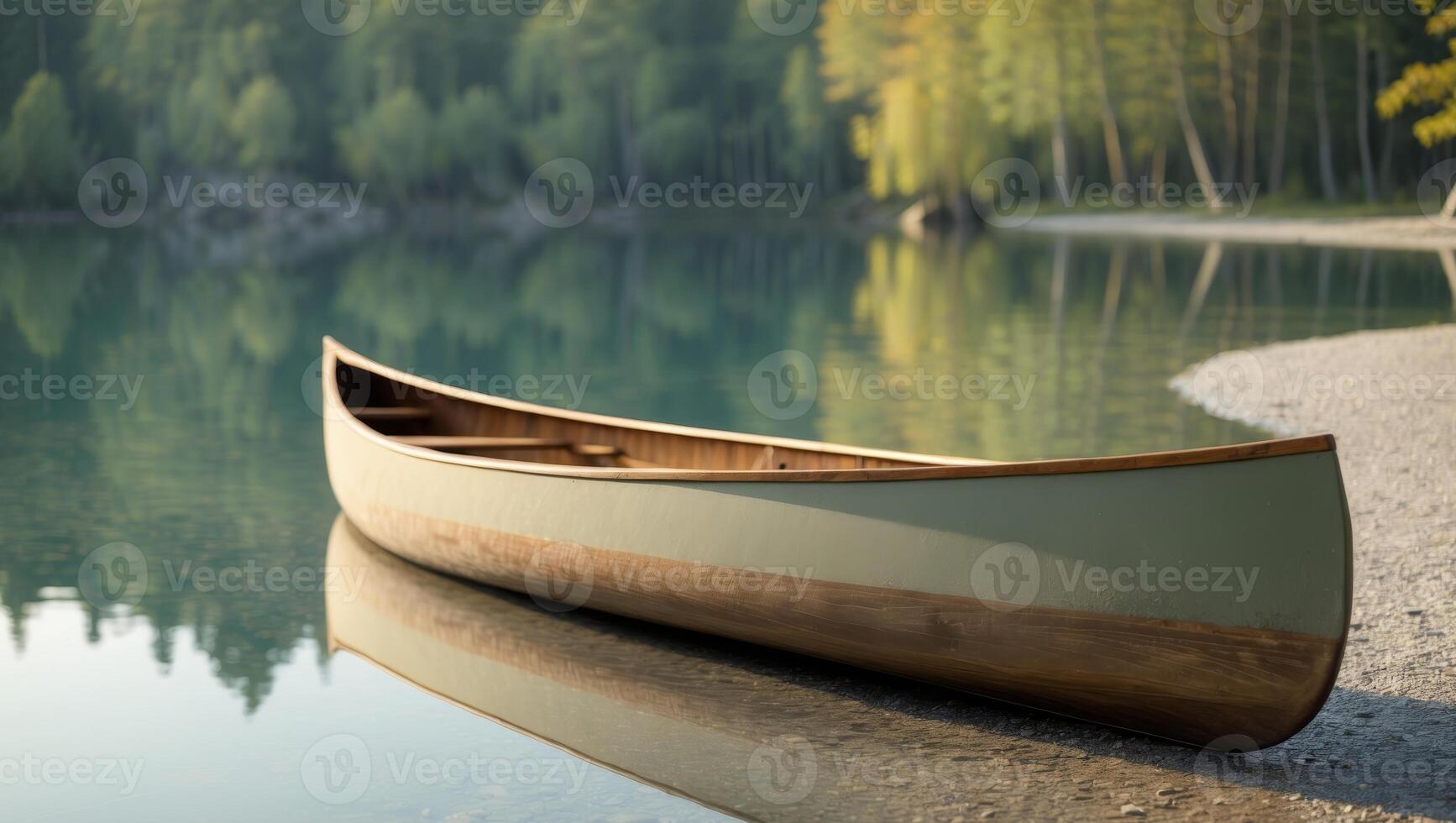 A canoe is sitting on the shore of a lake photo