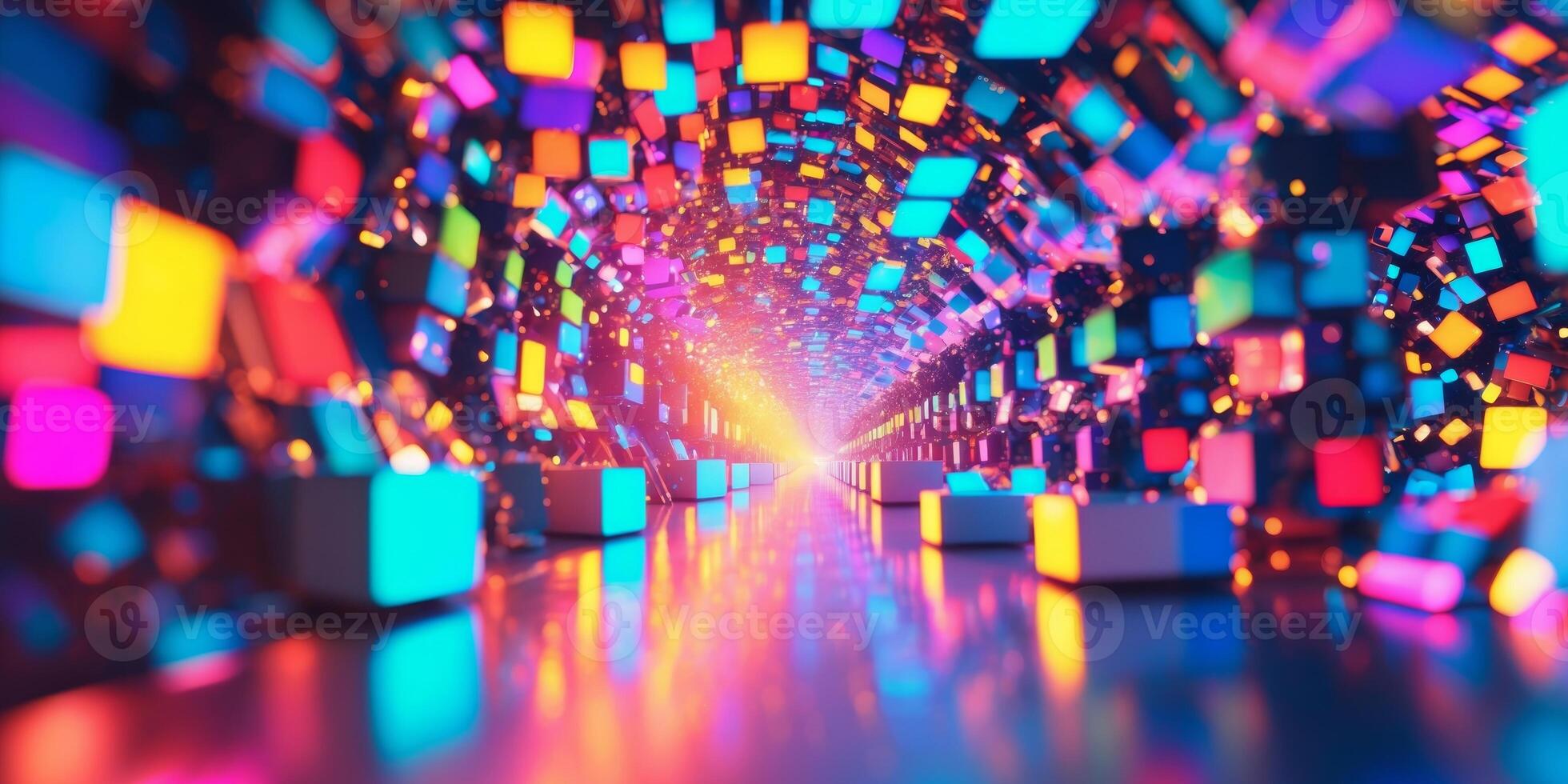 A tunnel with colorful lights and cubes photo