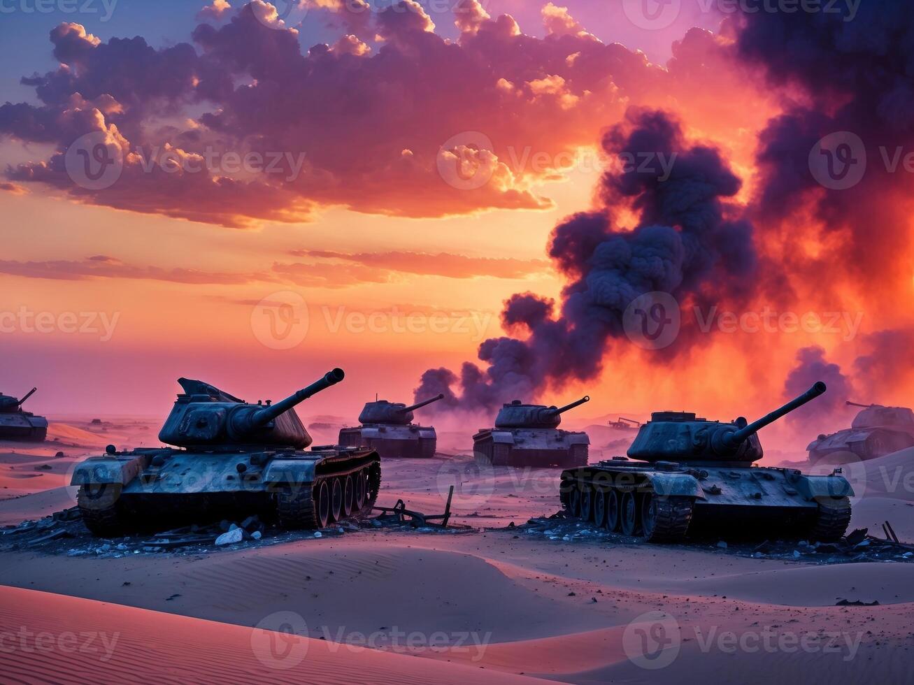 T-34 tanks in the desert at sunset photo