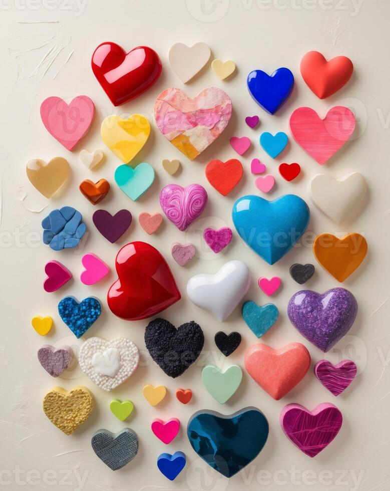 Colorful Heart Shapes in Various Sizes and Textures Arranged on a Light Background photo