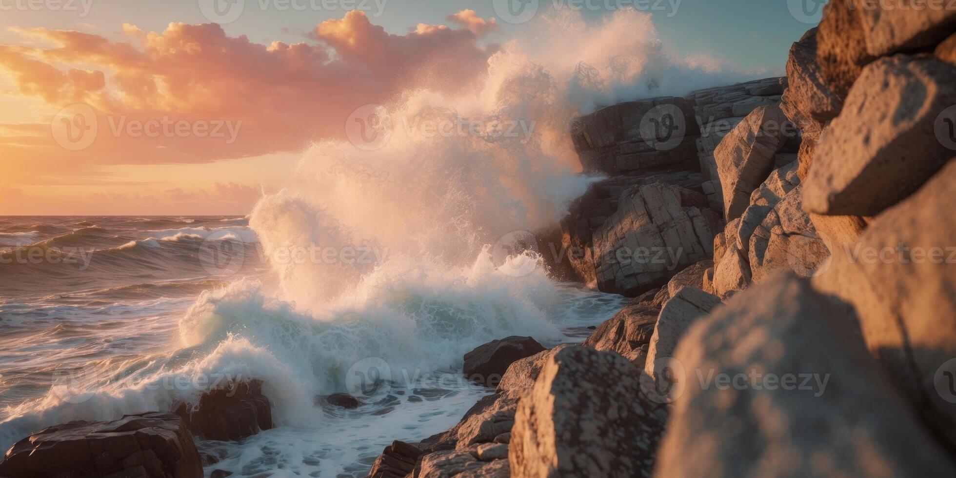 Dramatic Rocky Coastline with Waves Crashing at Sunset photo