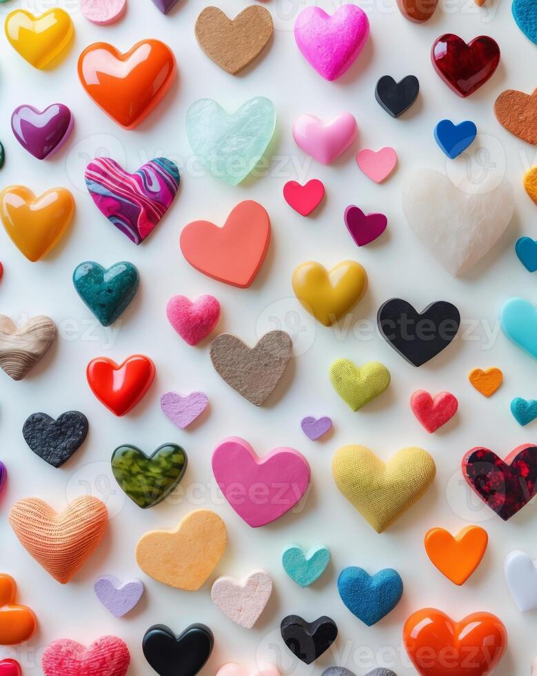 Colorful Heart Shapes in Various Sizes and Textures Arranged on a Light Background photo