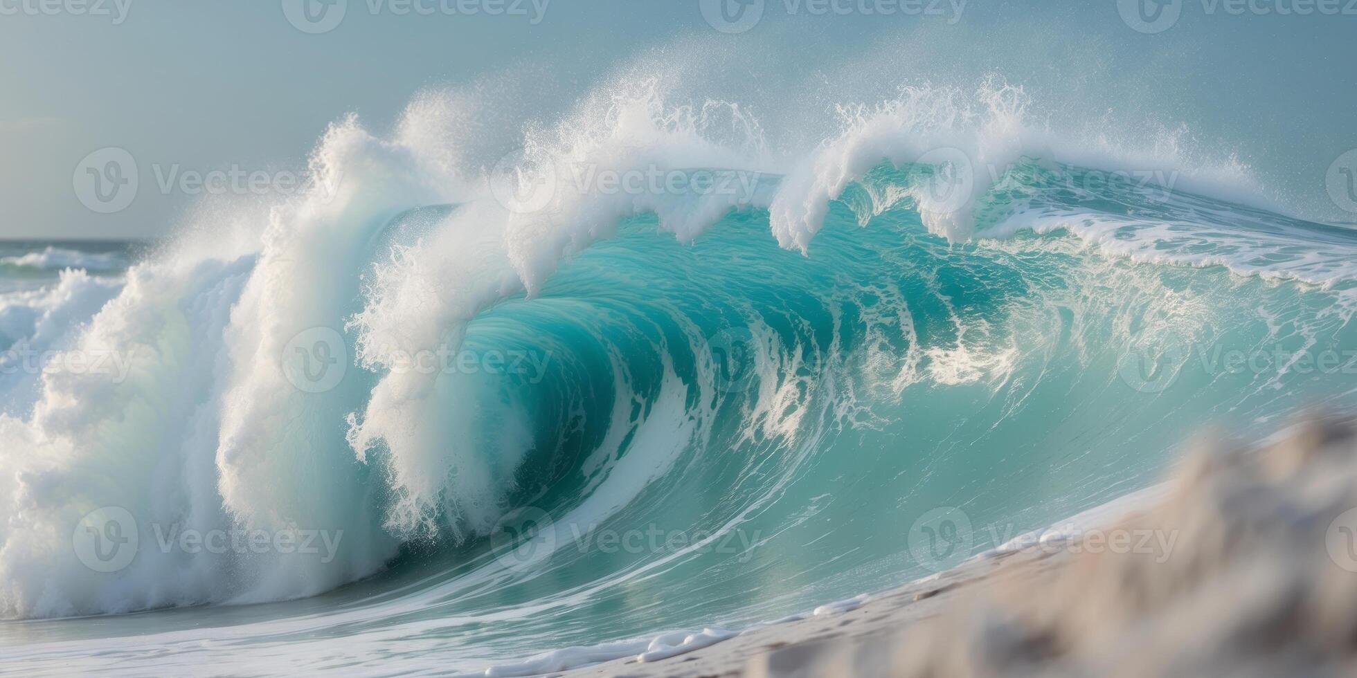 Close up of crashing ocean wave with white foam and turquoise water photo