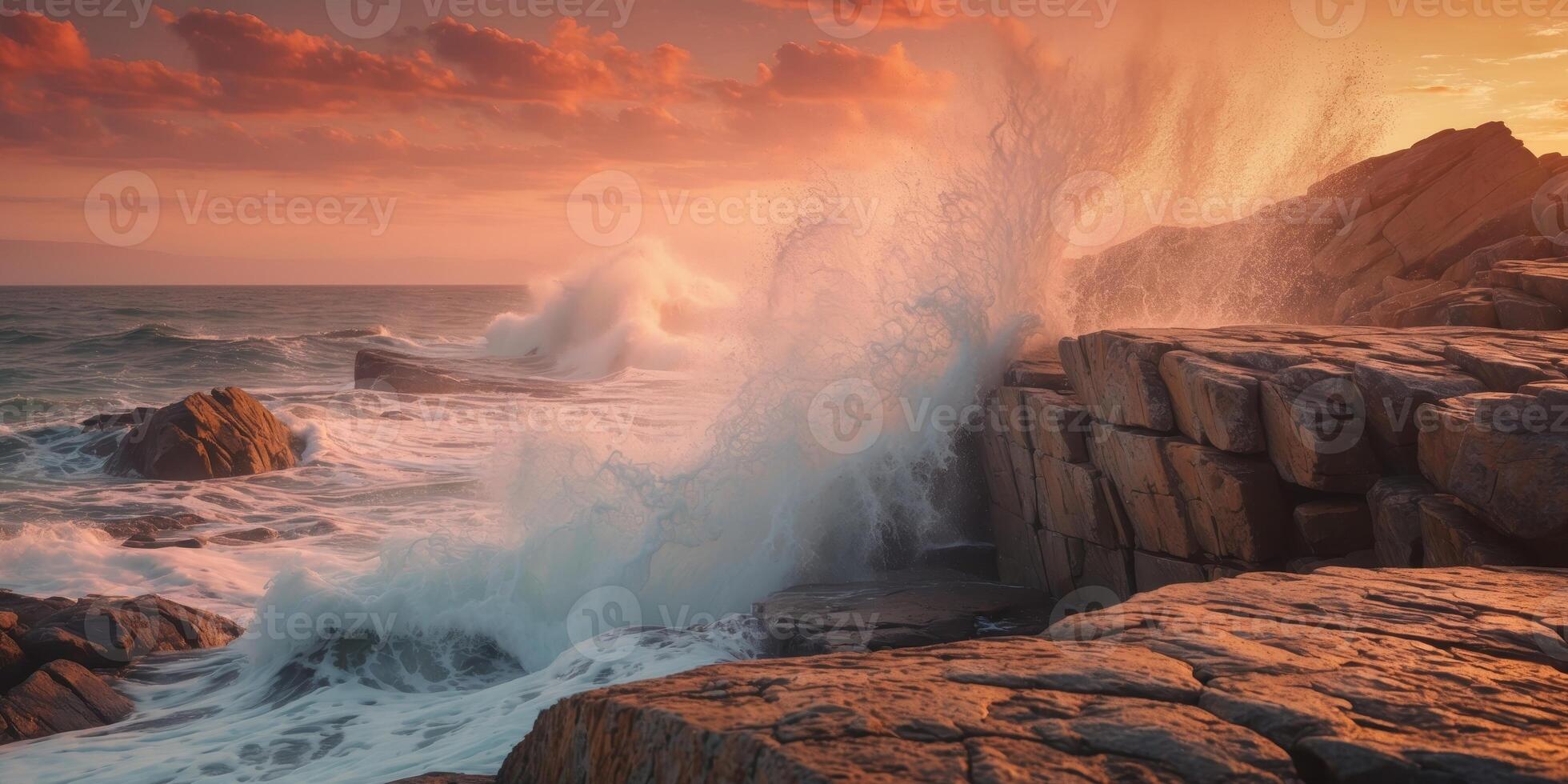 Dramatic Rocky Coastline with Waves Crashing at Sunset photo