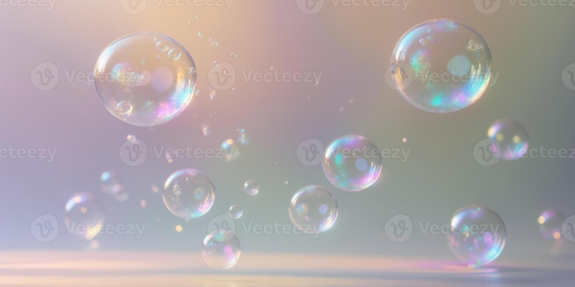 Soap bubbles floating in the air on a light background photo