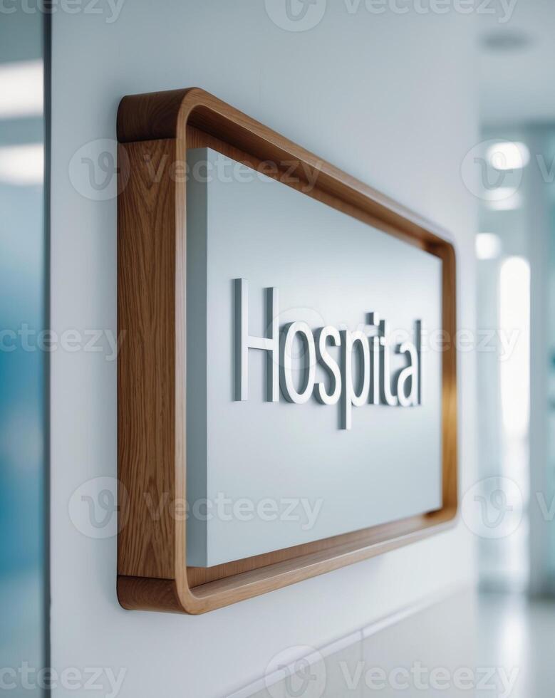hospital sign on wooden frame at entrance to medical facility photo