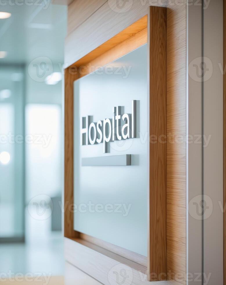 A hospital sign is displayed in a modern office photo