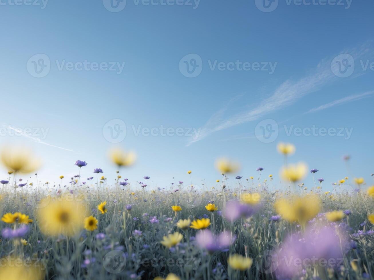 A field of yellow and purple flowers with a blue sky in the background photo