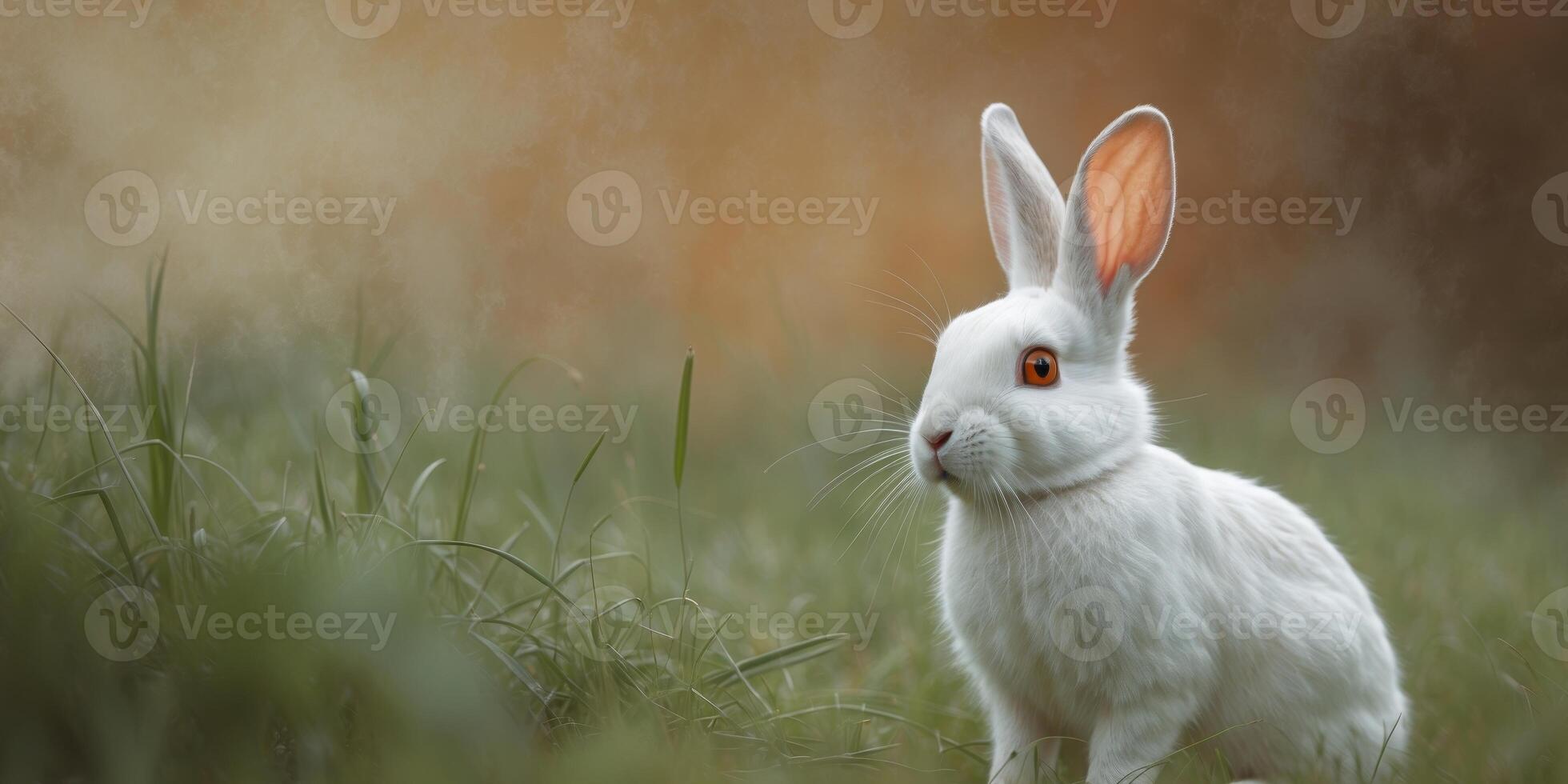 A white rabbit sitting in the grass photo