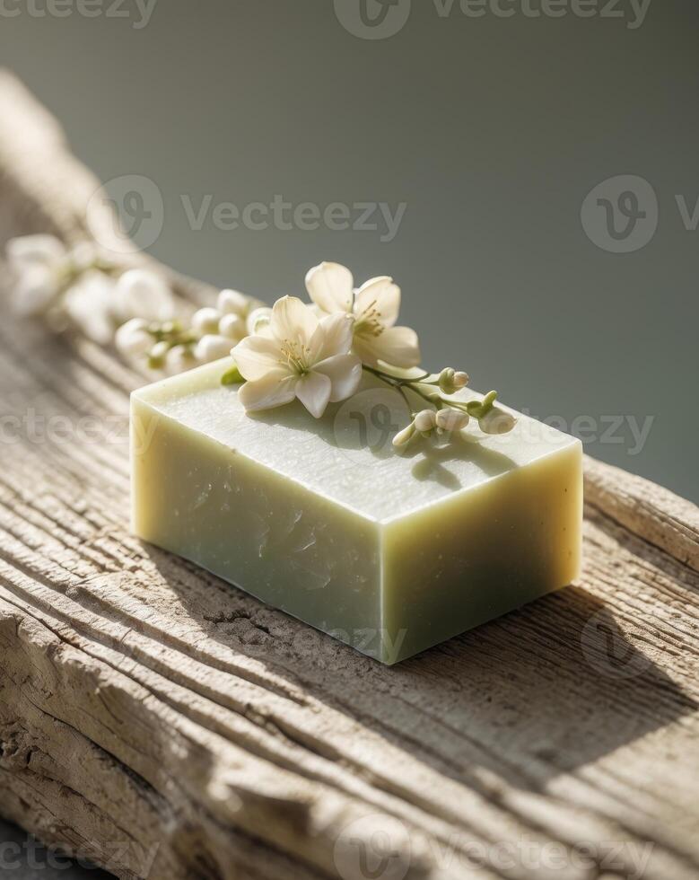 A soap bar with flowers on top of a wooden surface photo