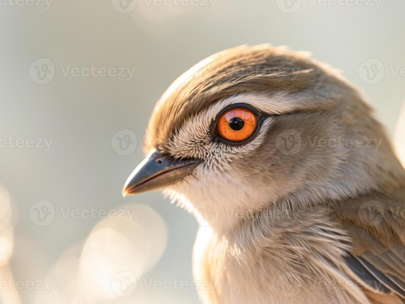 close up of a small bird standing with vibrant orange eye photo