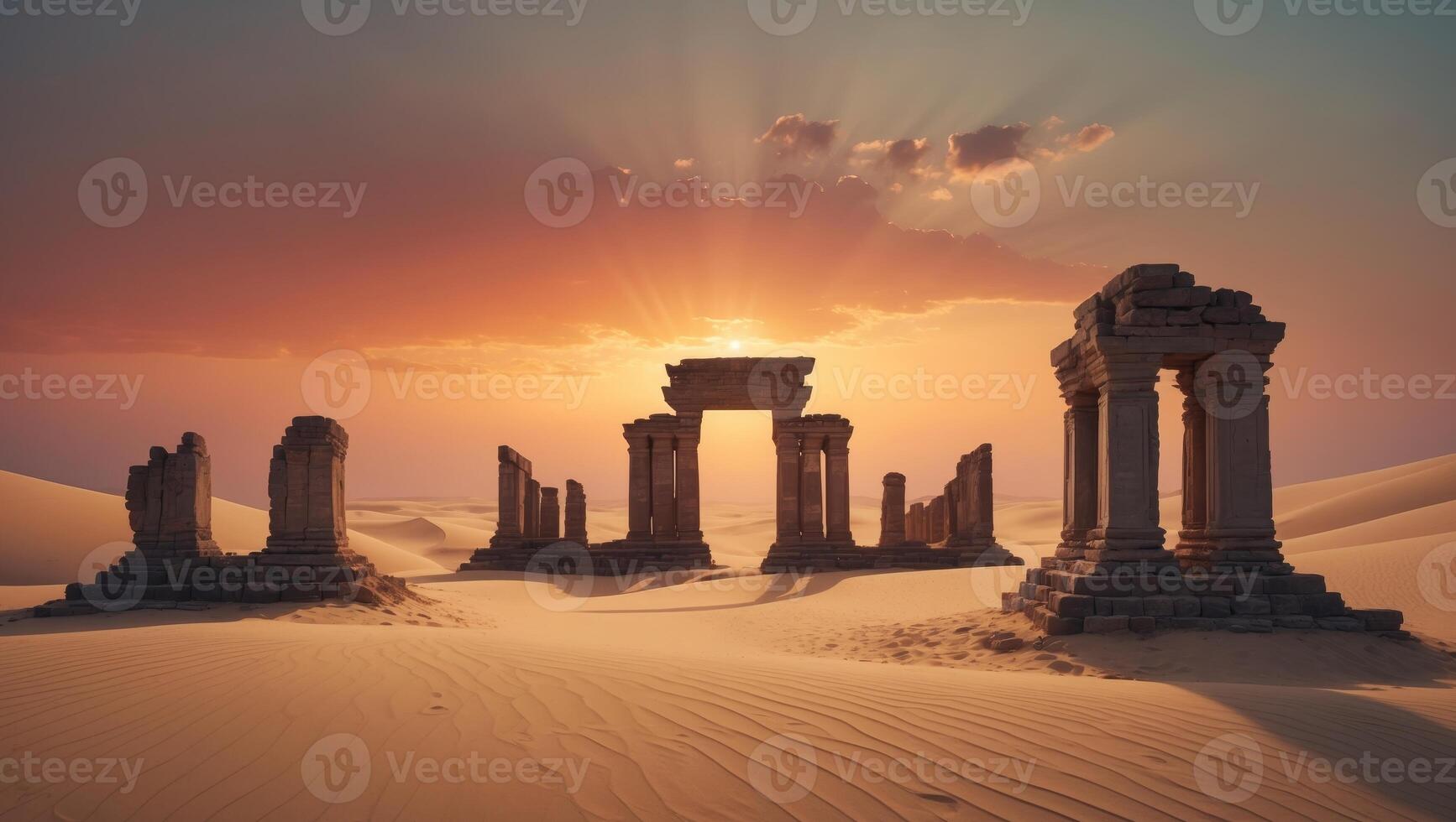 Mysterious Ancient Temple Ruins Emerging from Desert Sands at Dusk photo