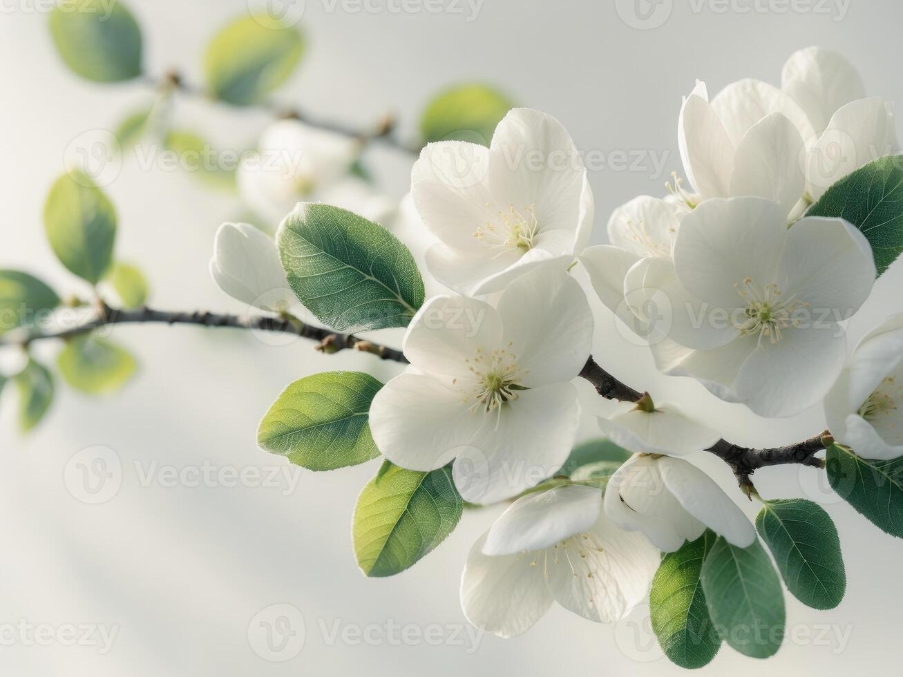 close up of white blossoms on a branch with leaves photo