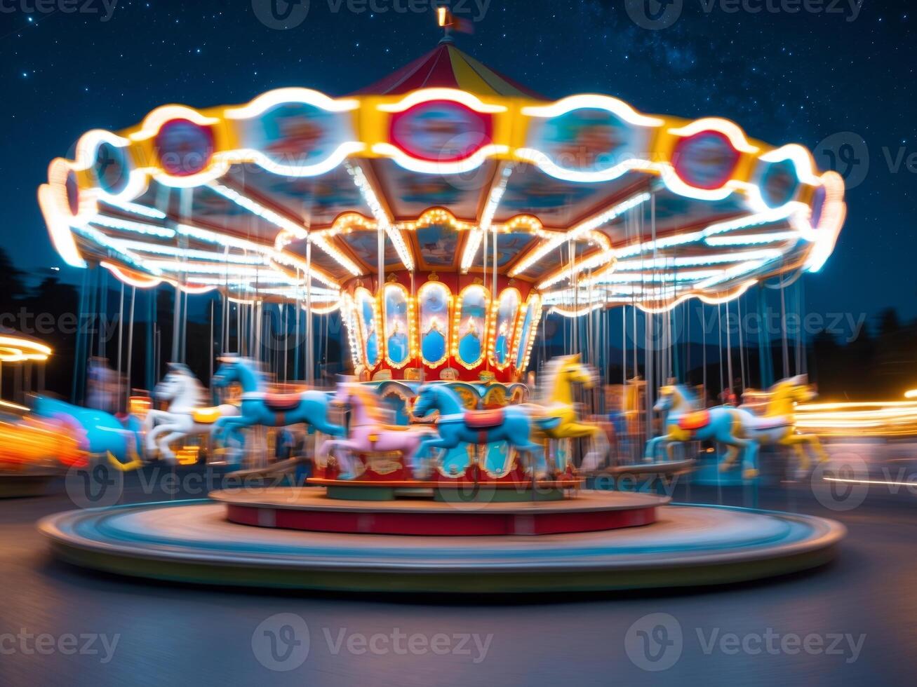 Long exposure captures vibrant carousel spinning at night with glowing lights photo