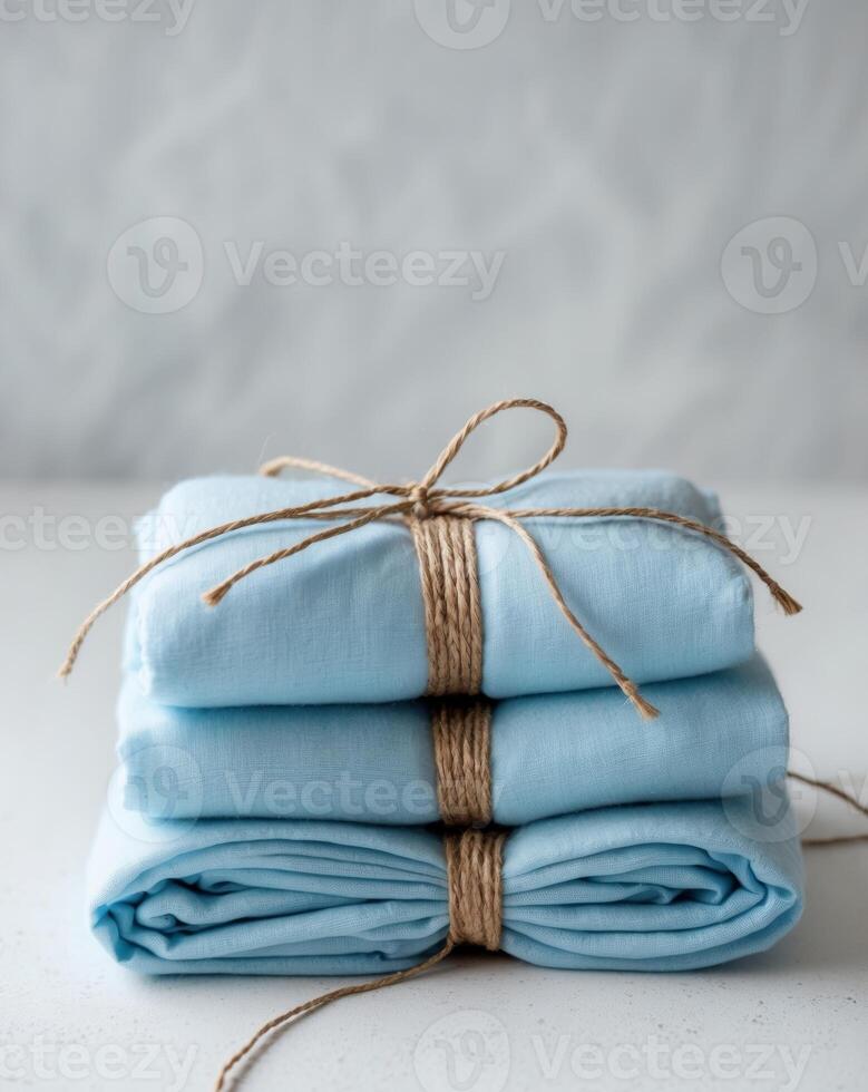 A stack of blue sheets wrapped in twine photo