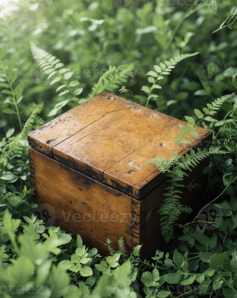 An old wooden box is sitting in the middle of some green plants photo