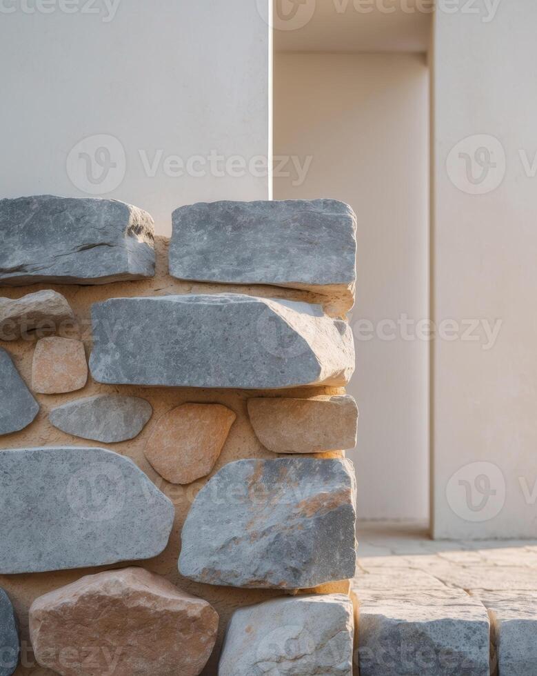 Rustic stone wall with large uneven gray and brown stones photo