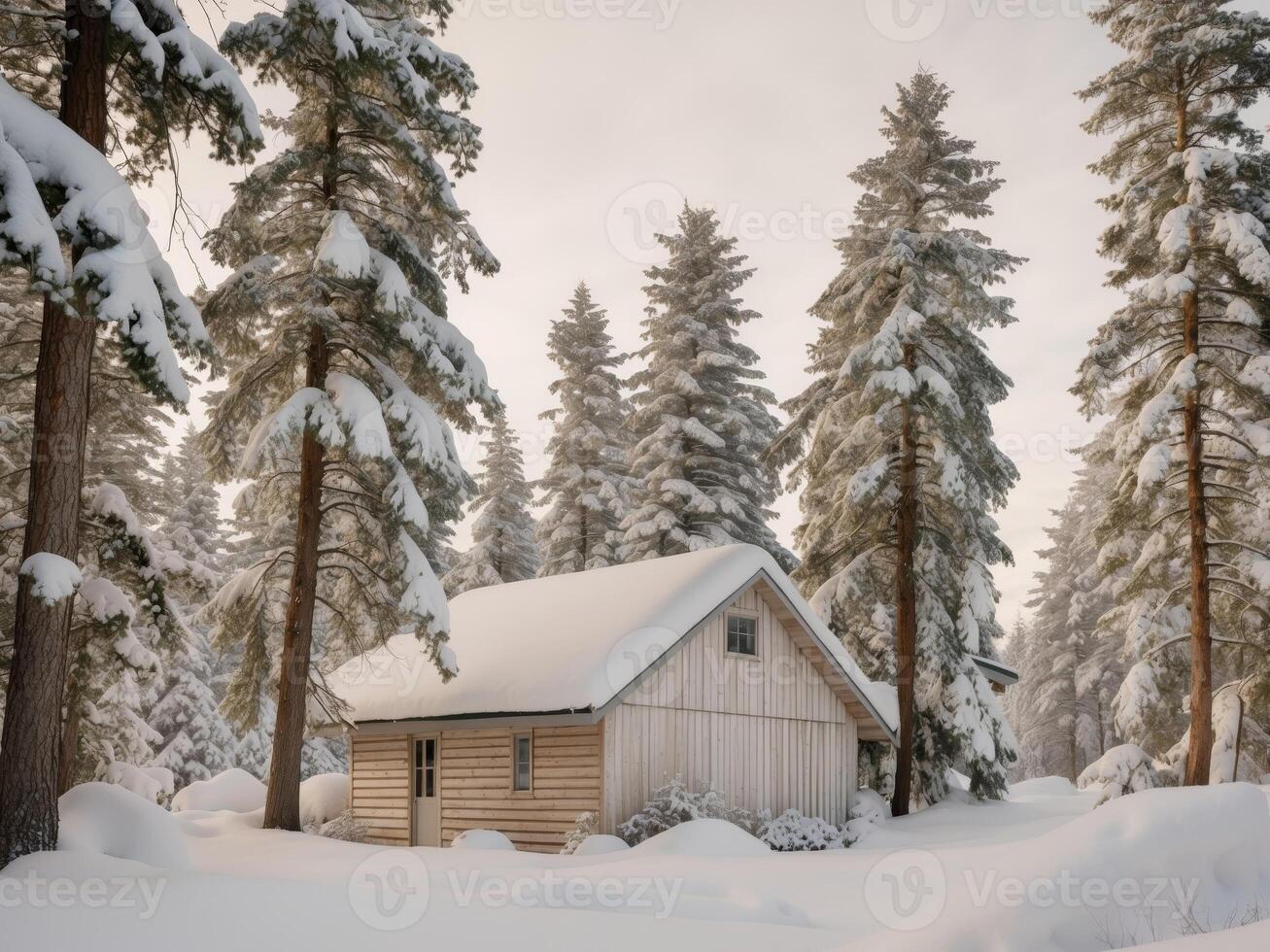 Snow Covered Cabin Surrounded by Tall Trees in Winter Wonderland photo