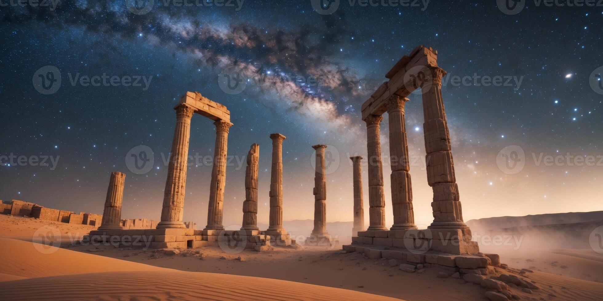Enigmatic Ancient Ruins Under a Cosmic Sky with Stars and Galaxies Illuminating Historical Columns in a Mystical Desert Landscape photo