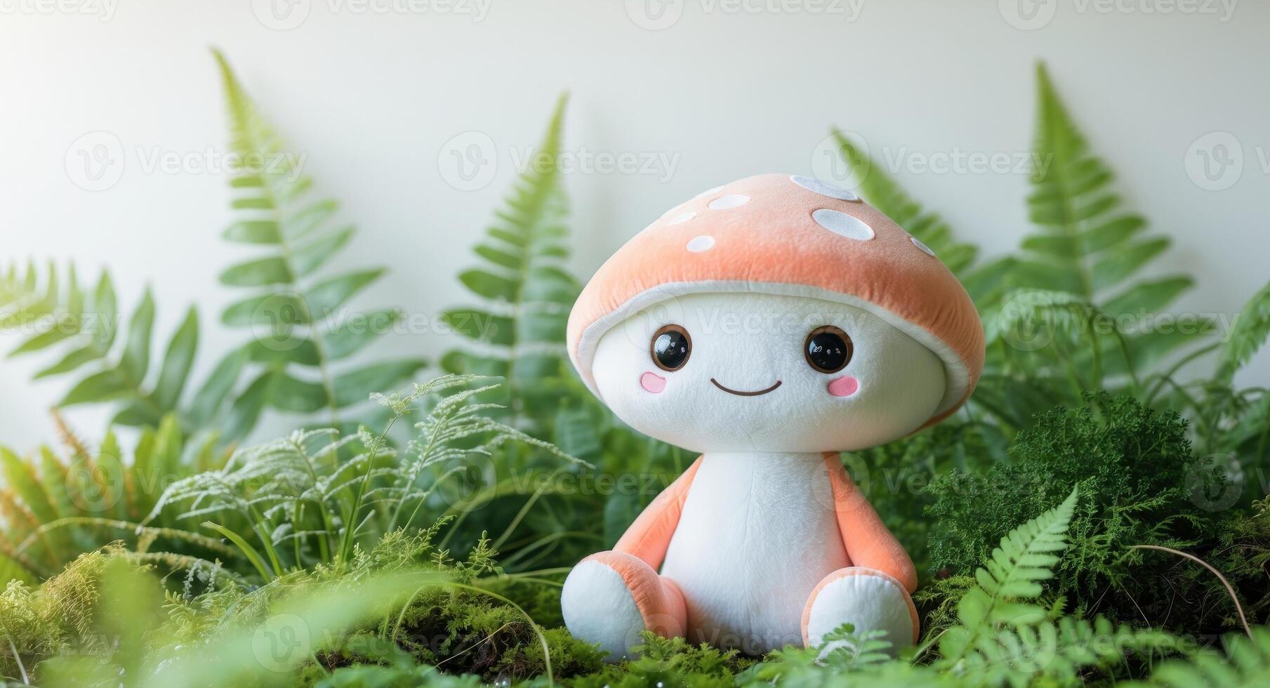 Adorable Smiling Plush Mushroom Toy Sitting Amidst Greenery photo