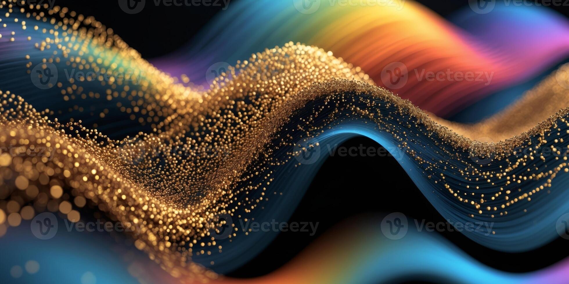 Abstract Gold Particle Wave with Multicolor Gradient on Black Background photo
