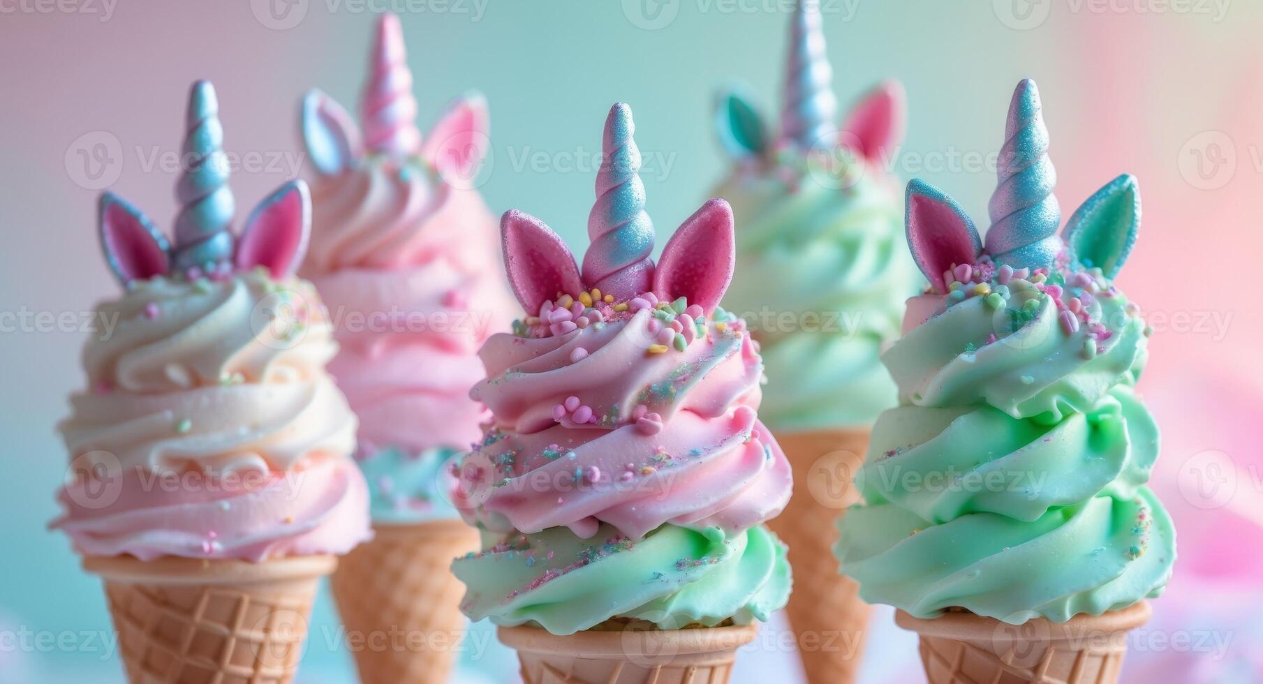 Unicorn ice cream cones with pink and green frosting photo
