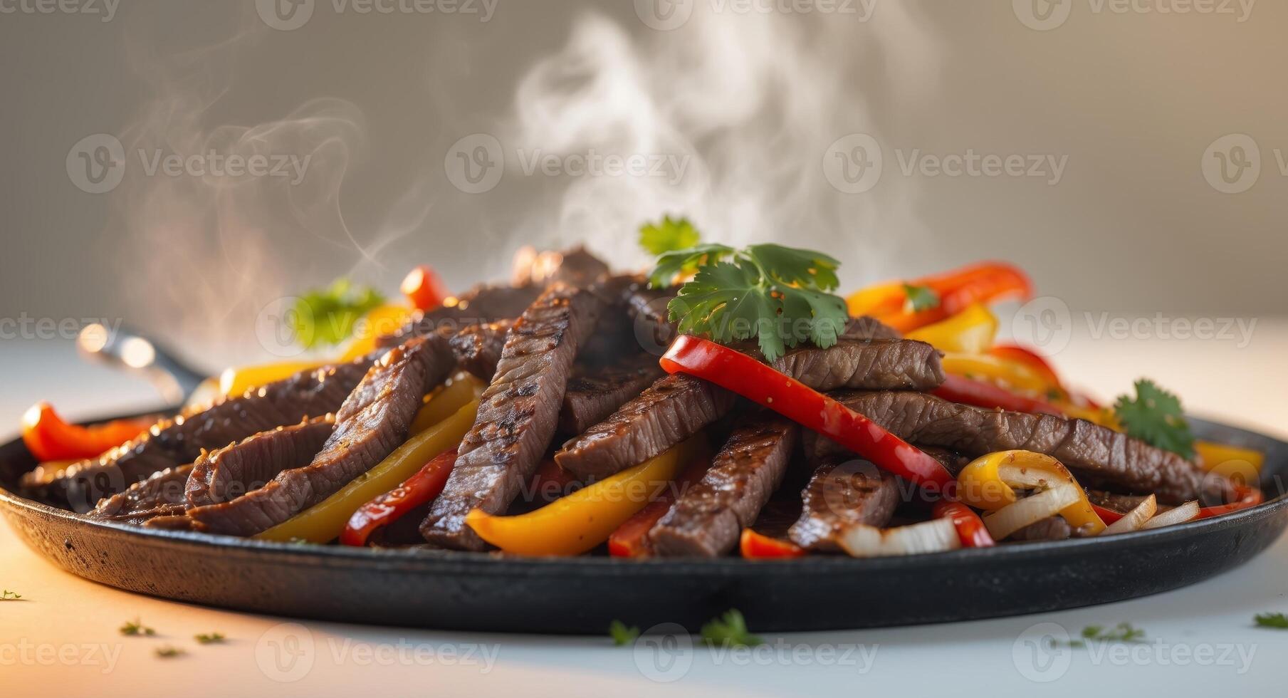 Steak with peppers and onions in a skillet photo
