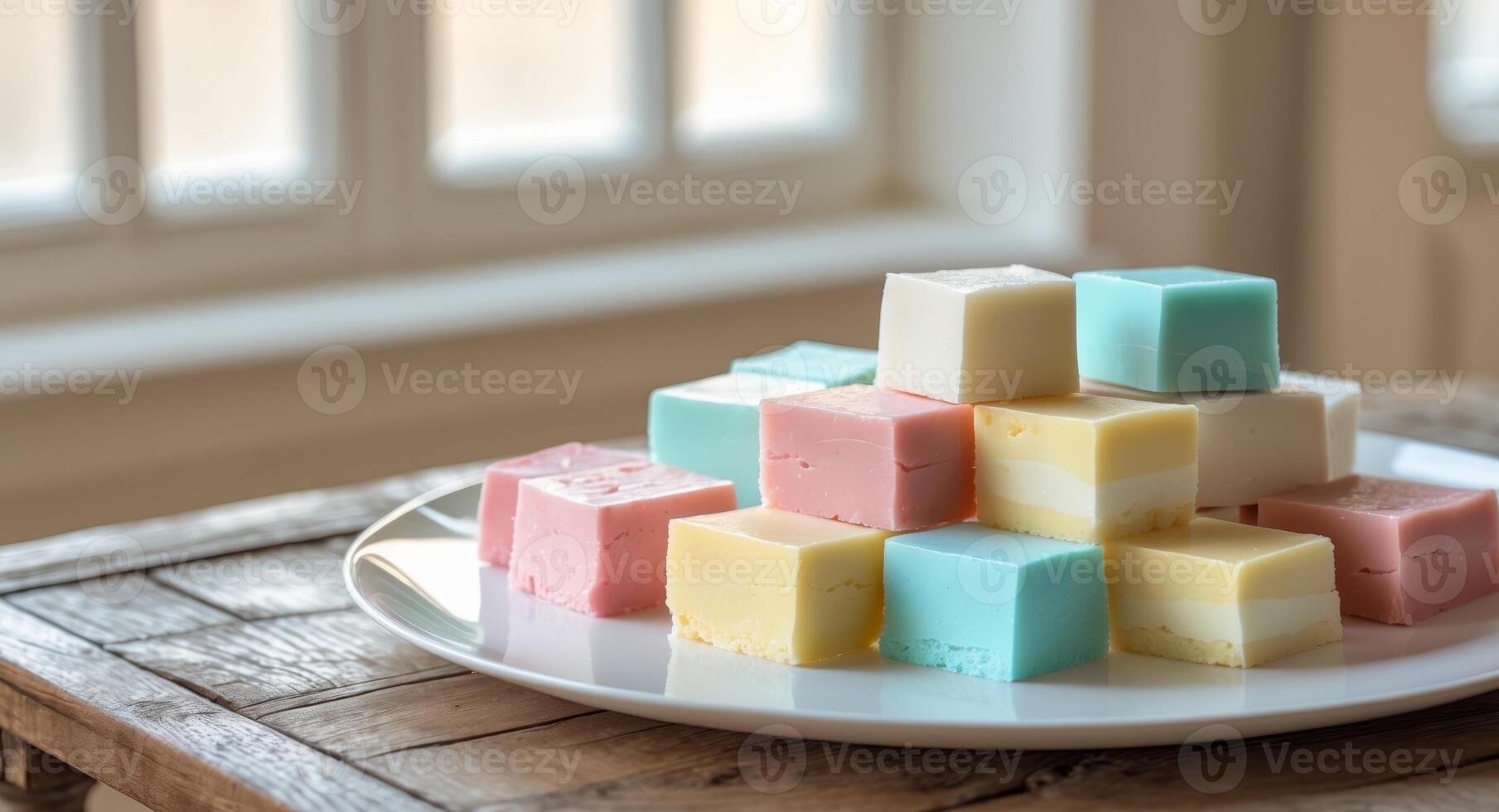 Assorted Colorful Fudge Squares on Elegant Plate Displayed Near Window with Soft Natural Light and Cozy Ambiance photo