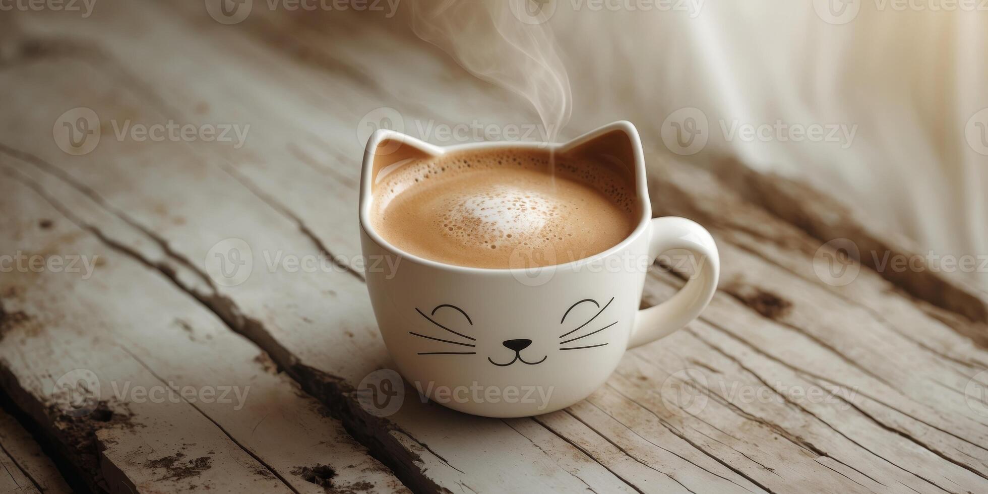 Whimsical Cat shaped Coffee Cup with Cappuccino on Rustic Wooden Table photo