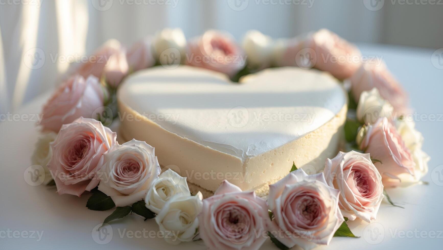 frame made of rose flowers heart shaped mousse cake photo