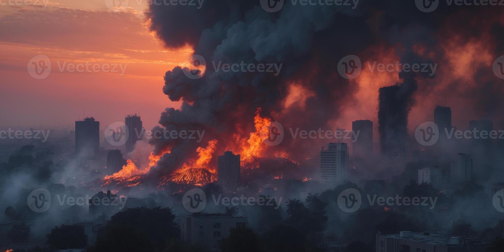 Cinematic depiction of a burning city engulfed in smoke during a dramatic sunset photo