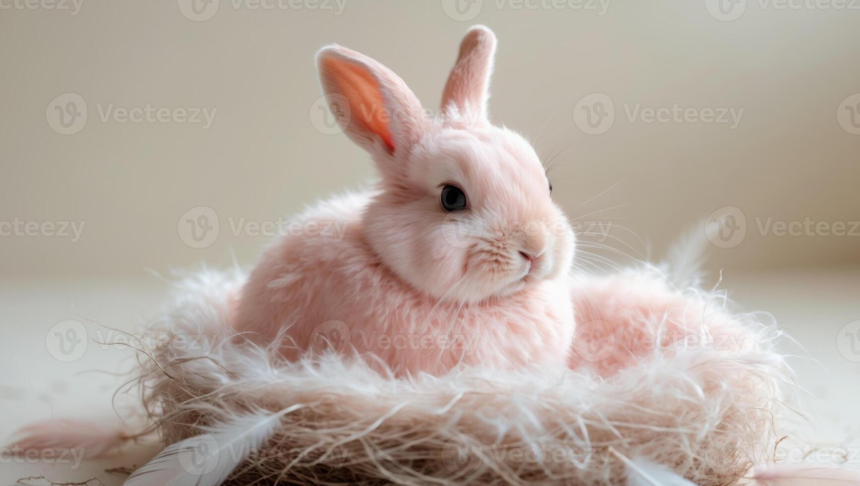 A pink rabbit sitting in a nest with feathers photo