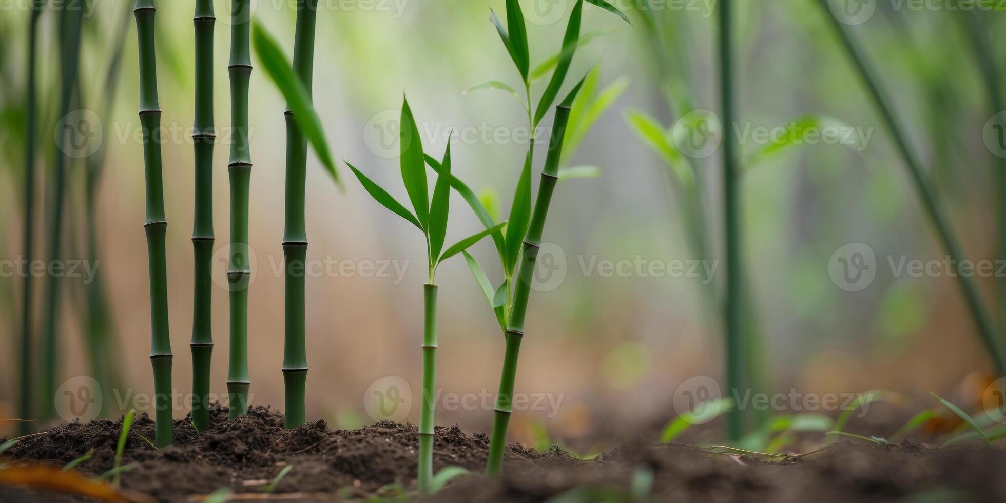Bamboo plants growing in the dirt photo