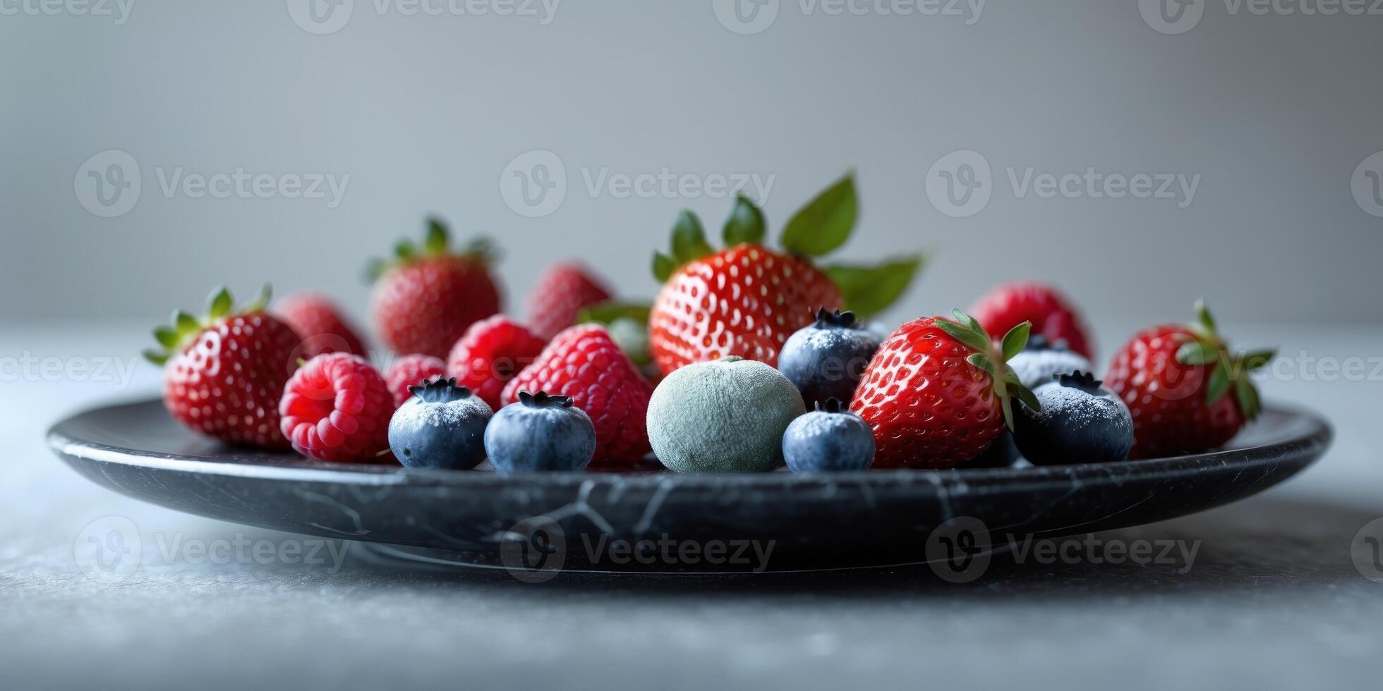 Assorted fresh berries artfully arranged on a black stone plate highlighting vibrant colors and textures of strawberries raspberries and blueberries photo