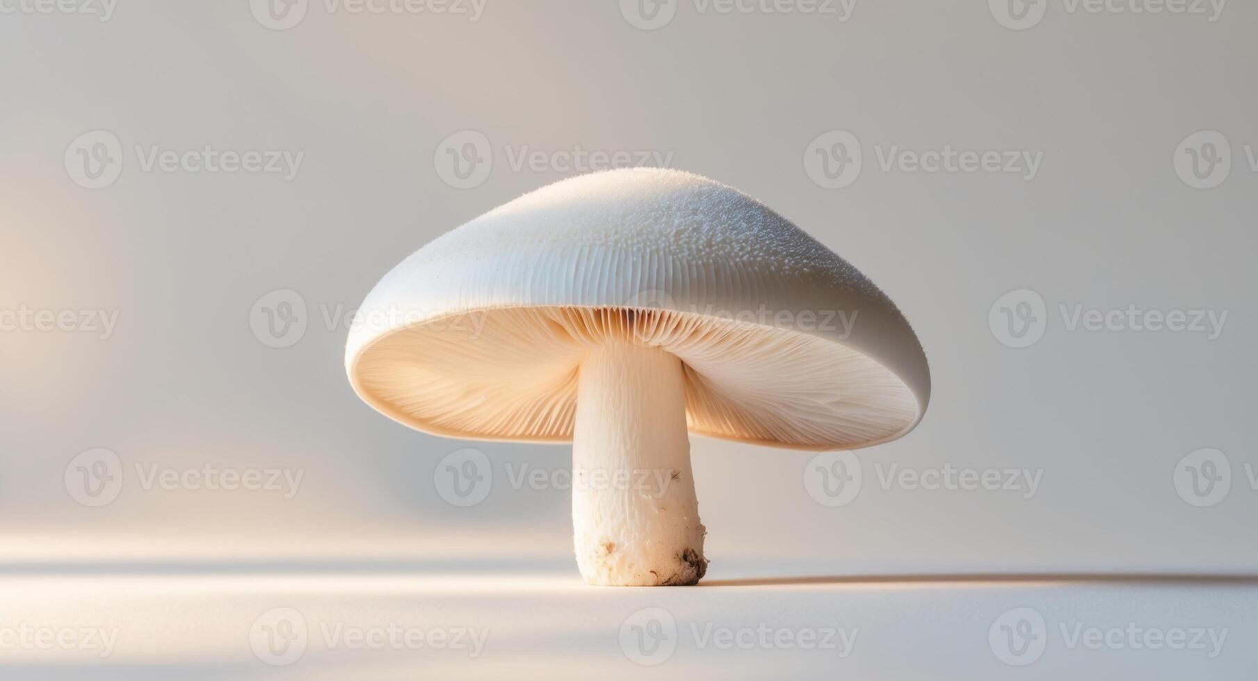 White Mushroom Features Gills and Unique Texture on Neutral Background photo
