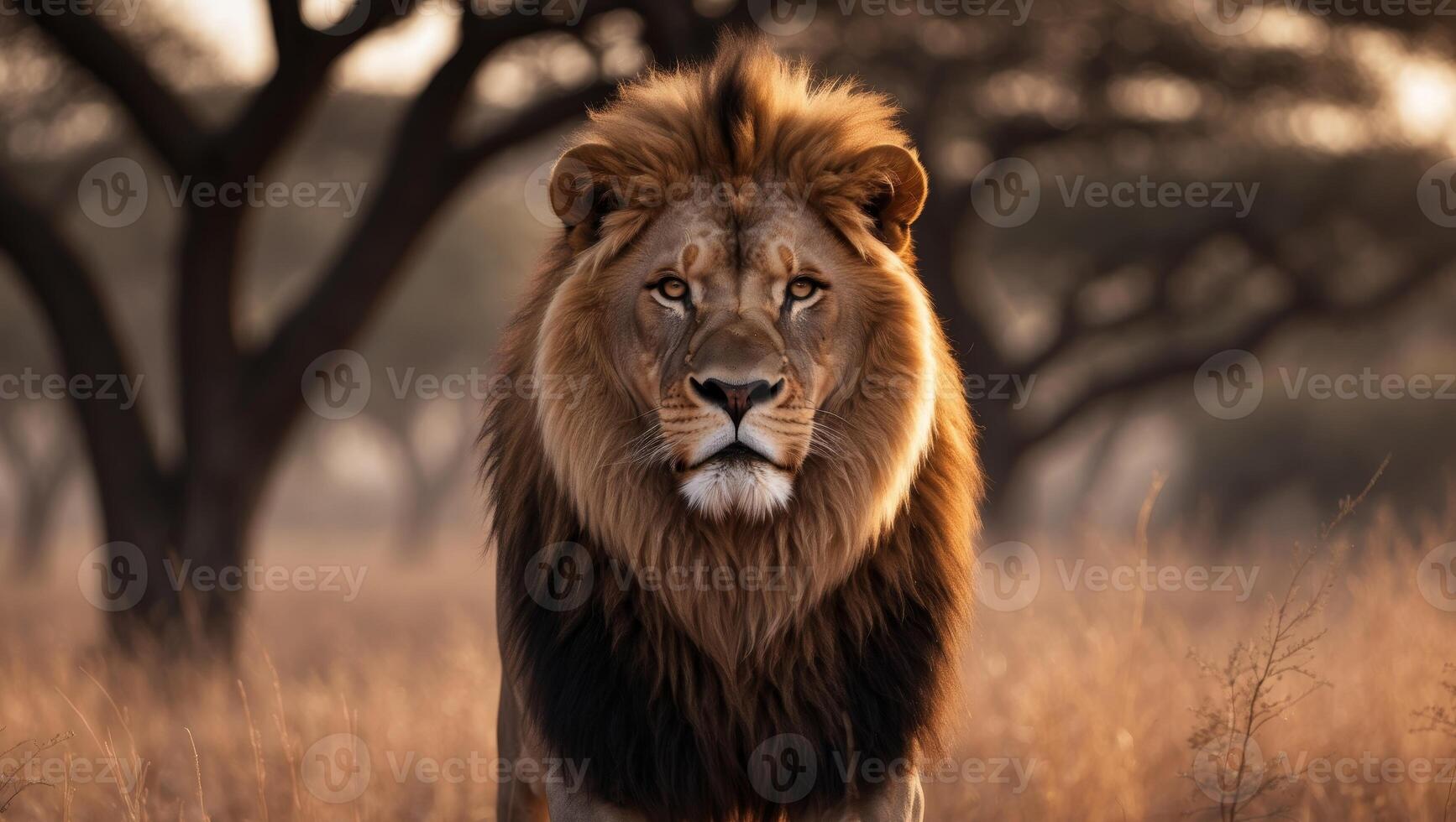 A lion is standing in the middle of a field photo