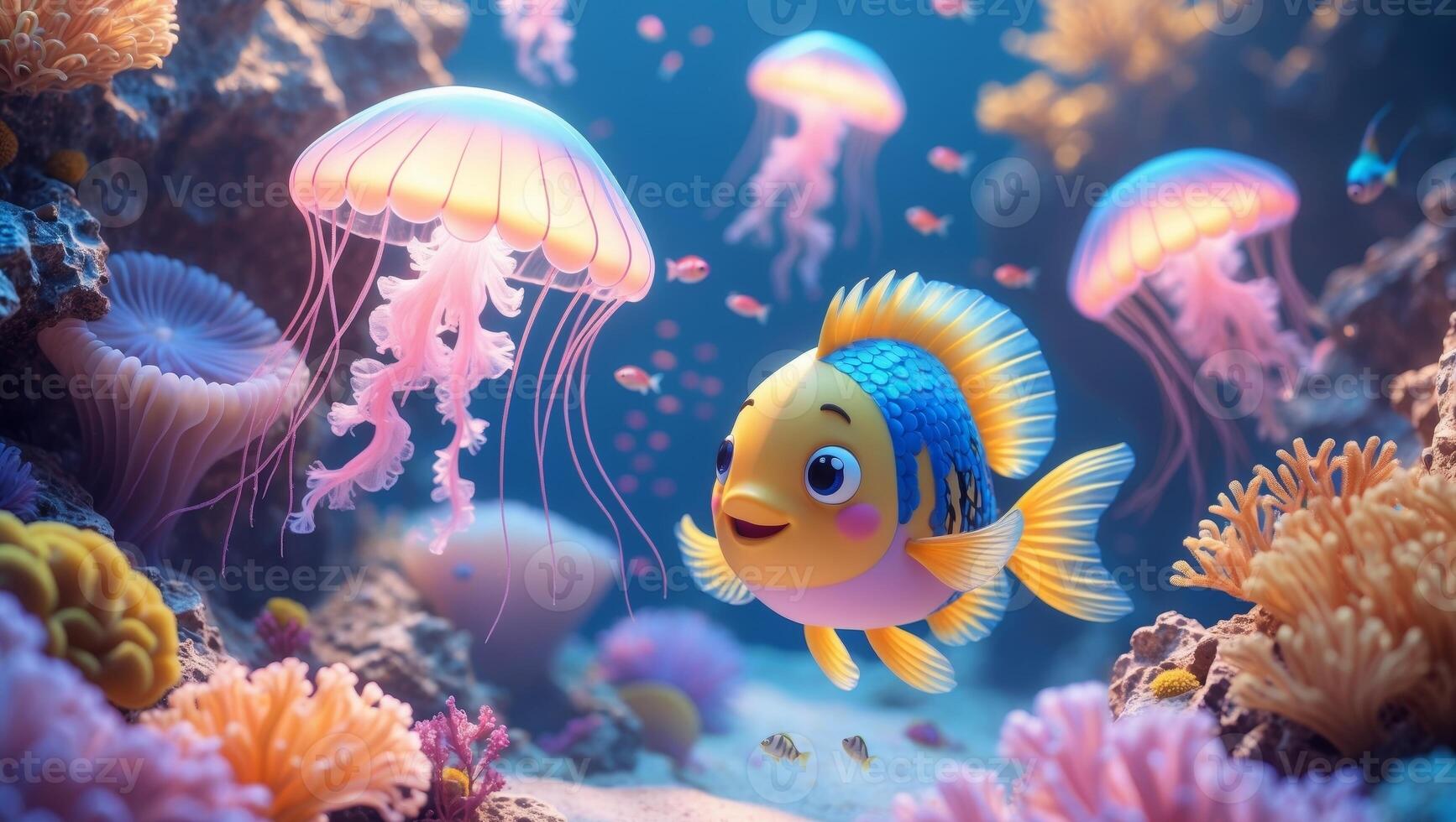 Fish in the ocean with jellyfish and coral photo