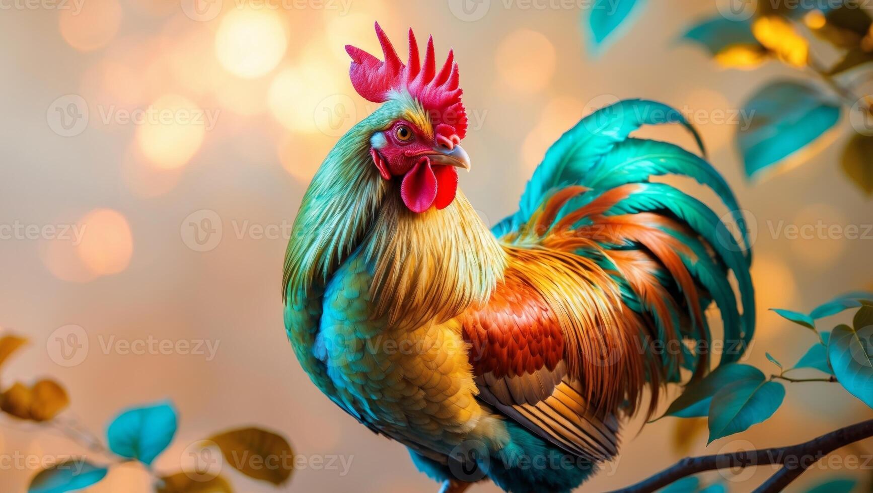 Colorful rooster perched on a leafy branch photo