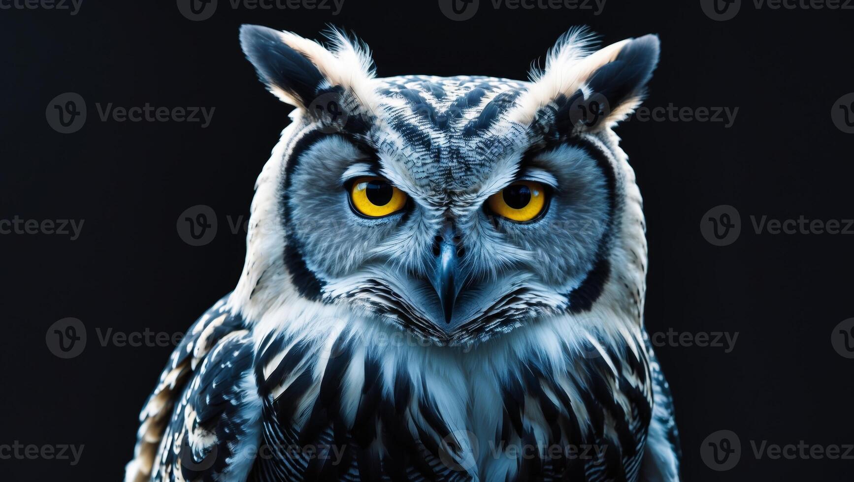 Majestic owl staring intensely on a black background. photo