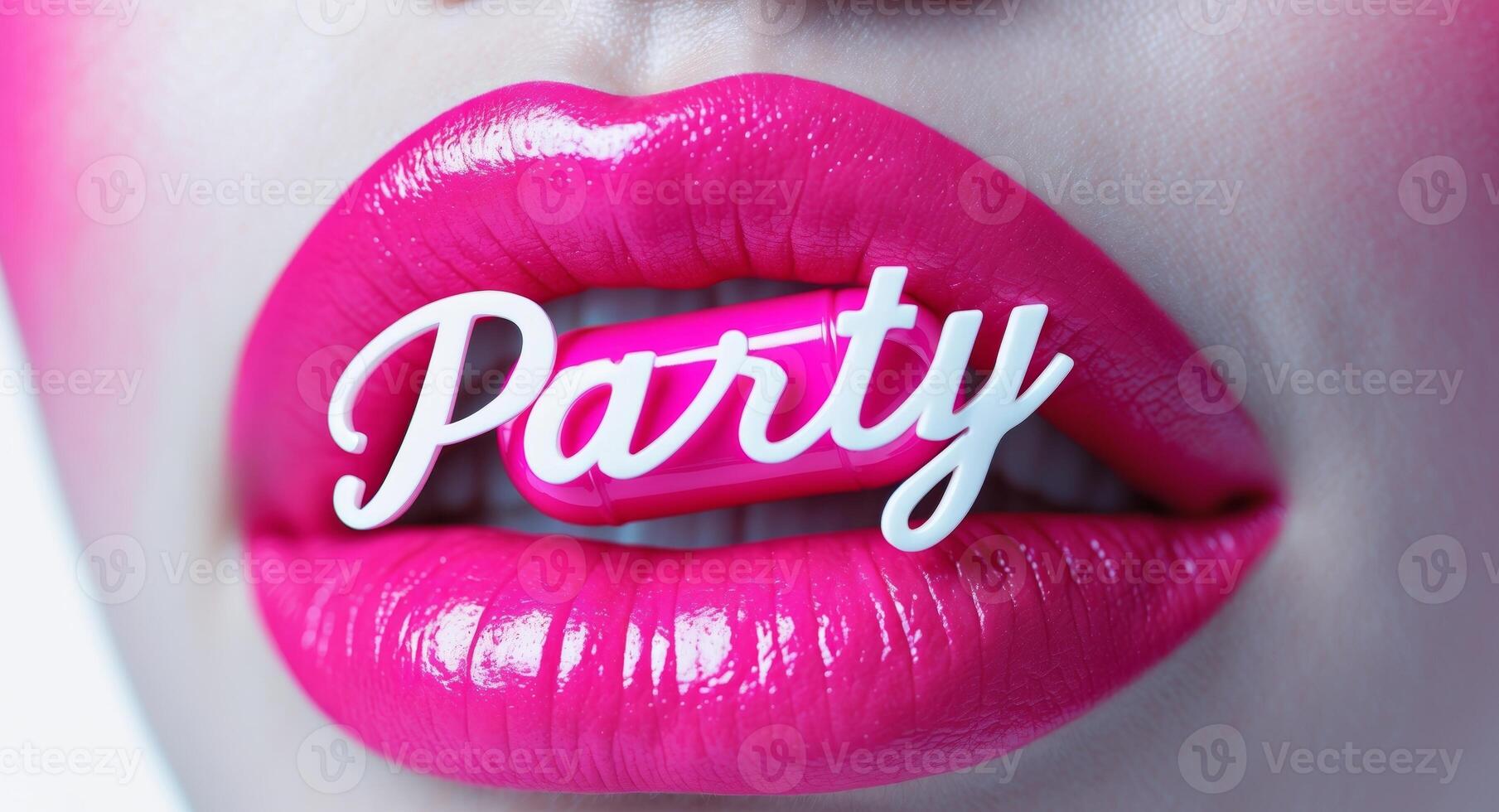 Vibrant lip art featuring a pink capsule with the word party placed between glossy lips photo