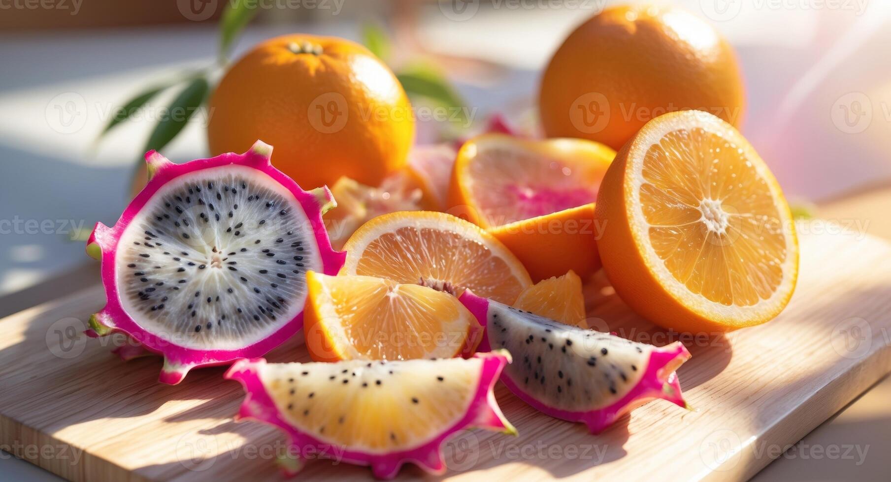 Vibrant Display of Tropical Fruits with Juicy Oranges and Exotic Dragon Fruit Slices on a Light Wooden Cutting Board Under Natural Sunlight. photo