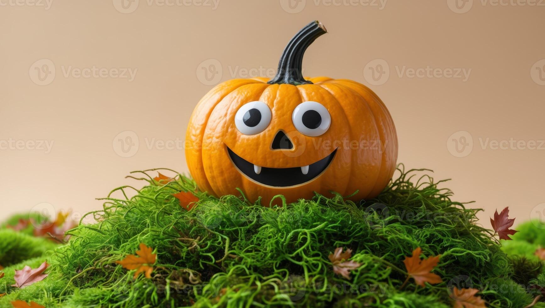 A Happy Pumpkin With Googly Eyes Rests on Moss in Autumn and Copy Space photo