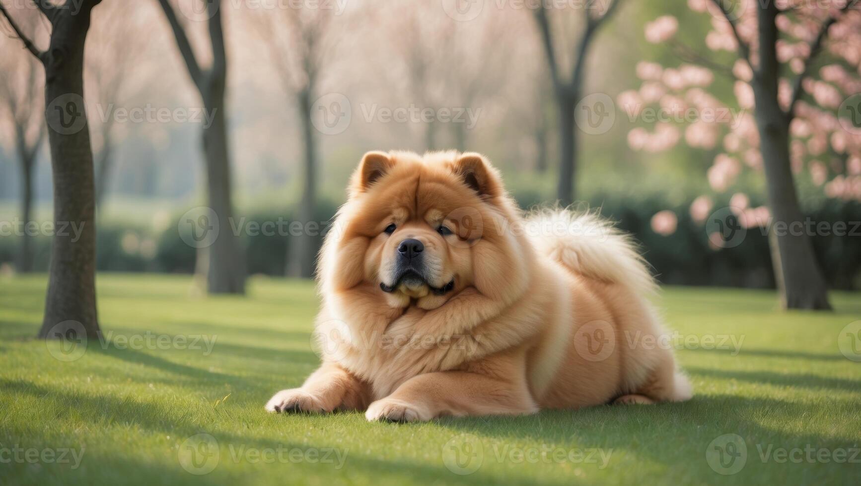 Chow chow dog sitting on the grass in a park photo