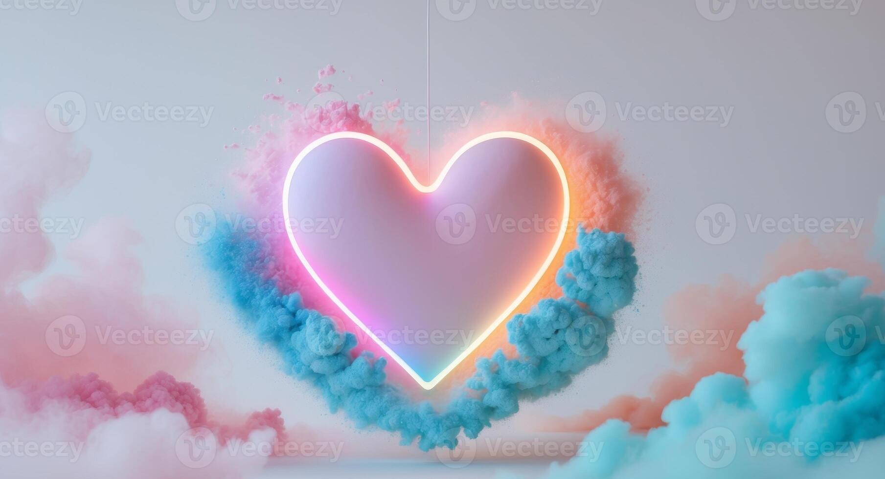 A neon heart surrounded by pink and blue clouds photo