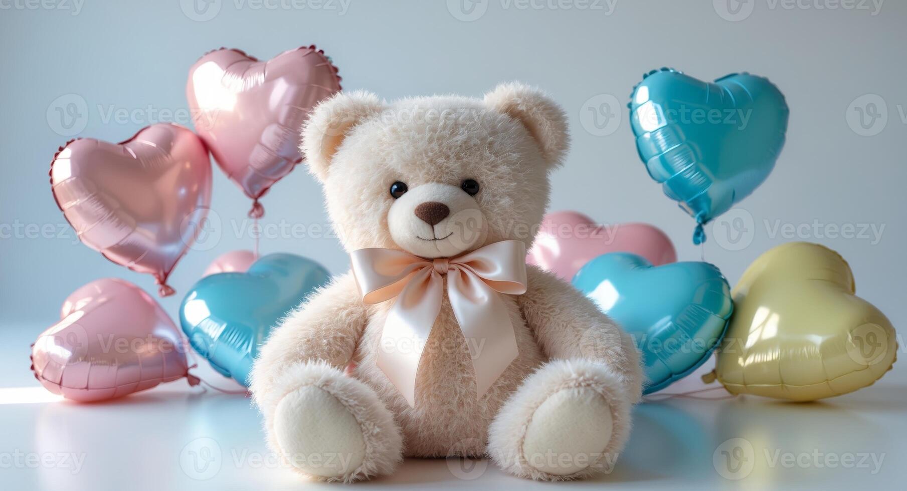A teddy bear with a bow and heart shaped balloons photo
