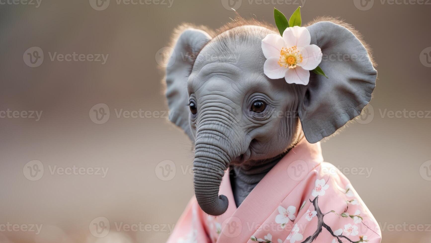 An elephant wearing a kimono with a flower on its head photo