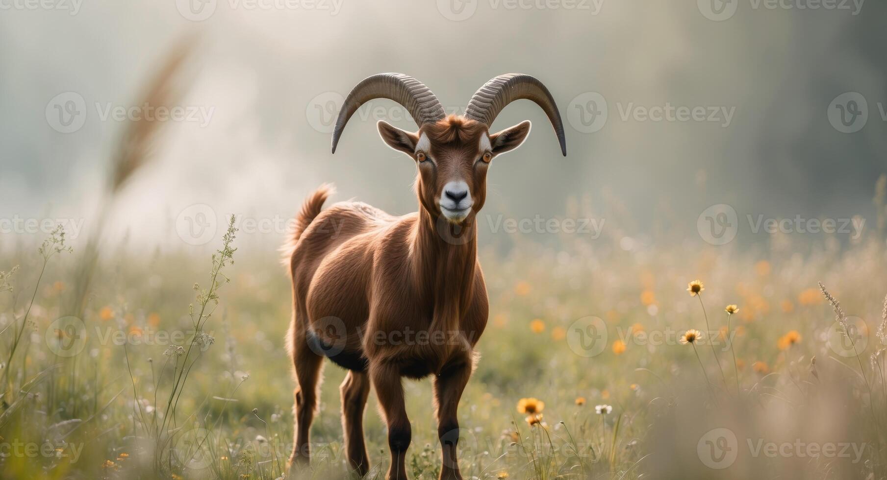 A goat with long horns standing in a field photo
