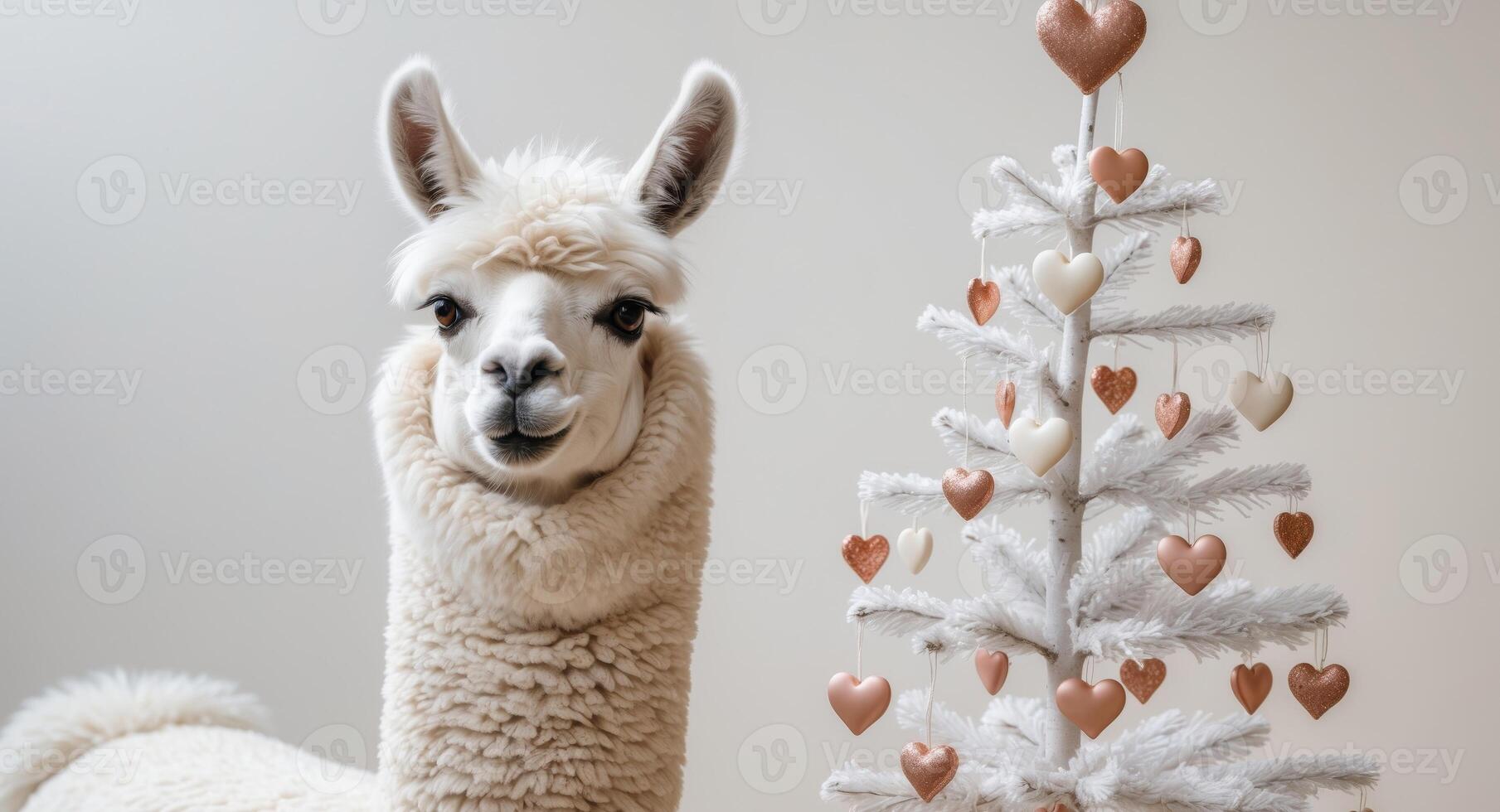 A llama is standing next to a christmas tree photo