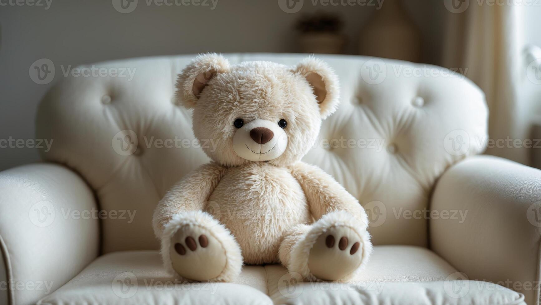 Cute plush teddy bear sitting comfortably indoors. photo